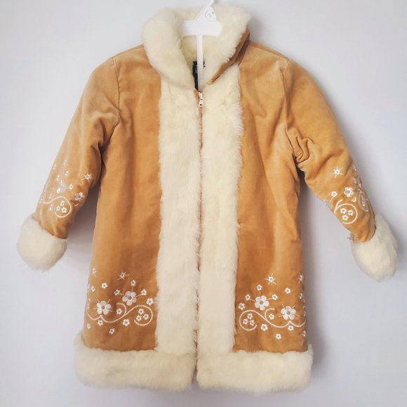 GAP Girl's Size 3 Dressy Winter Coat Penny Lane Faux Fur Embroidered Faux Suede - Picture 1 of 7